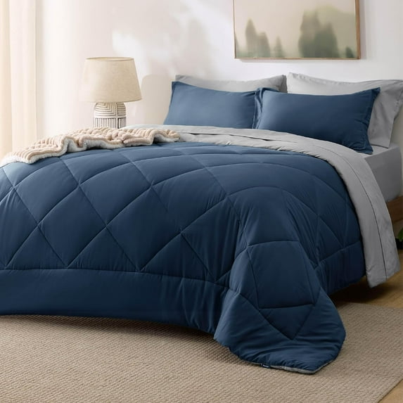 Huba Homes Queen Comforter Set - 7 Pieces Reversible Queen Bed in a Bag, Queen Bed Set with Comforters, Sheets, Pillowcases & Shams Navy
