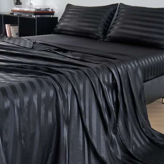 Huba Homes Satin Sheet Set Cooling Faux Silk Bed Sheet Deep Pocket Fitted Sheet Pillowcase King Black