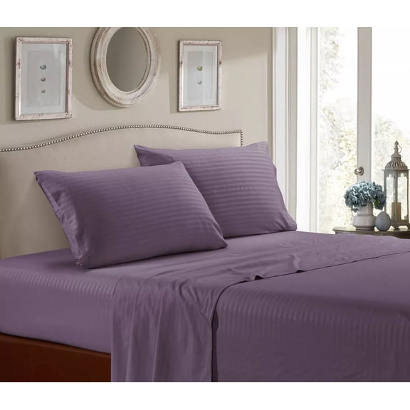 Huba Homes Soft Striped Bed Sheets Set Deep Pockets 4 Piece 1800 Thread Count Bamboo queen eggplant