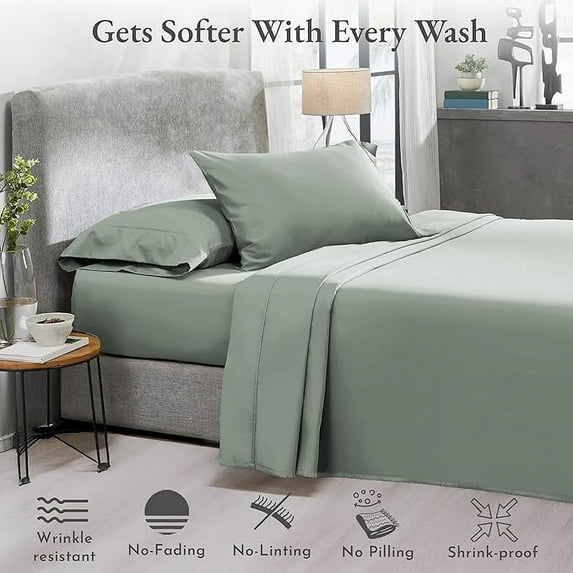 Huba Homes Softest 100% Cotton Sheets, queen Size Sheet Sets, 400 Thread Count Sateen Bedding, Deep Pocket Sheets, Cooling Sheets, Full Size Sheets, Breathable Bed Set green sage
