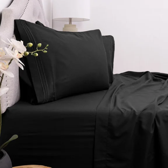 Huba Homes Sweet Home Collection 1800 Count Microfiber 4 Pc Sheet Set Deep Pocket Cal KingBlack