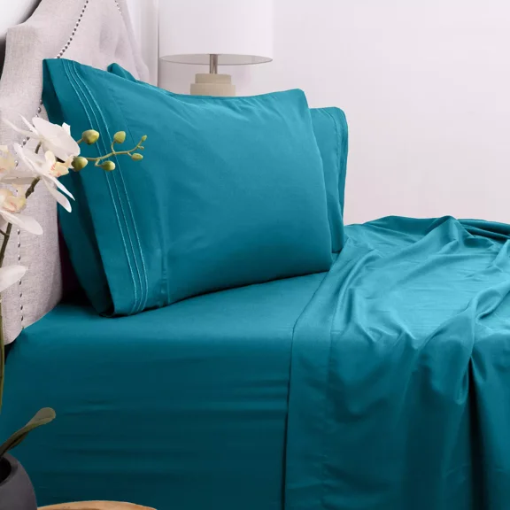 Huba Homes Sweet Home Collection 1800 Series Deep Pocket Microfiber 4 Piece Sheet Set short queen teal