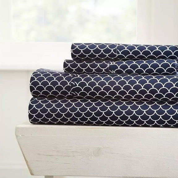 Huba Homes The Farmhouse Chic Premium Ultra Soft Pattern 3pc Twin Navy Scallops Sheet Set