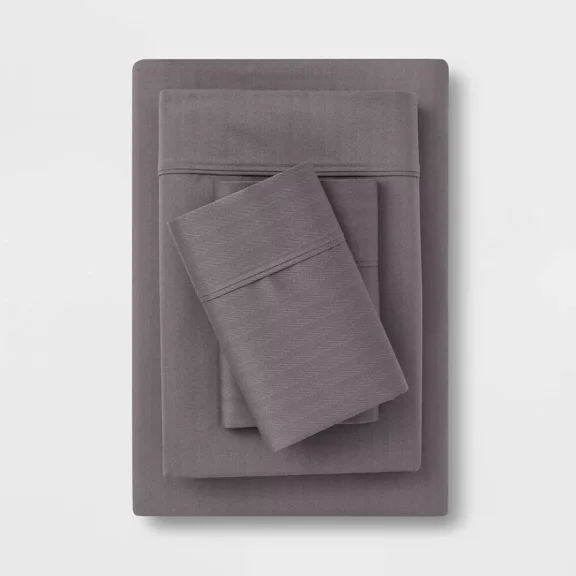 Huba Homes Threshold 500TC Cotton Blend Sateen 4-Piece Sheet Set Grey Herringbone -Twin XL
