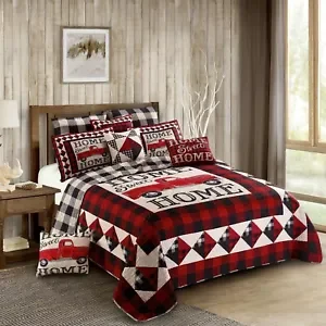 Huba Homes Virah Bella - Red Truck Home Sweet Home - Lightweight Reversible Quilt Set-twin