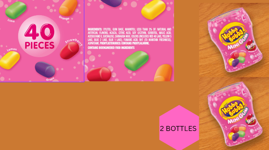 Hubba Bubba Minis Skittles Flavored Bubble Gum, 40 Count Resealable Bottles, 2 Pack