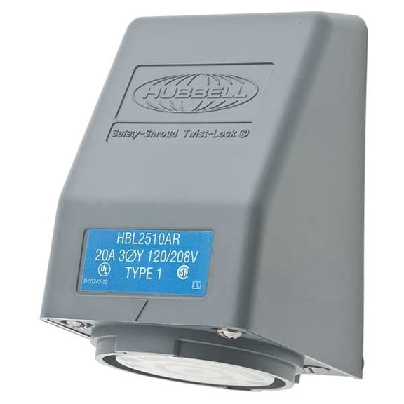 Hubbell Angl Lck Recpt,20 A;Gry;Vlx,L21-20R,1Gng HBL2510AR