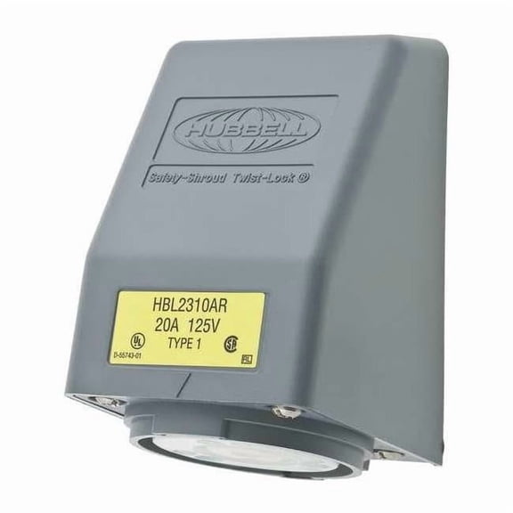 Flanged Locking Receptacle, L5-20R, 20 A, 125V AC, Single Phase, 2 Pole, Flush Mount, Gray