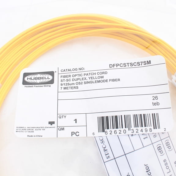 Hubbell DFPCSTSCS7SM Fiber Optic Patch Cord 7m Plenum OS2 Cable Duplex SM ST-SC