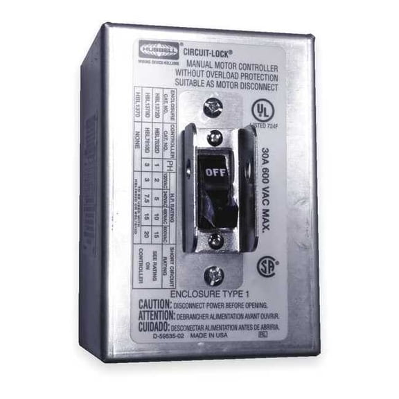 Hubbell Wiring Device-Kellems Manual Motor Switch,30A,600VAC,2P HBL1372