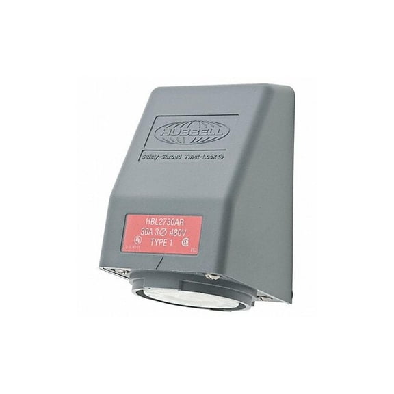 Hubbell HBL2730AR Locking Safety Shroud Receptacle, L16-30R, Angled Surface Mount, Gray CA3