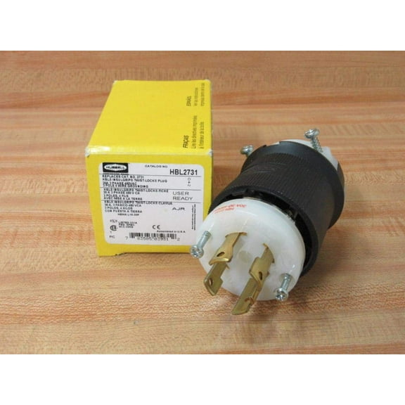 Hubbell HBL2731 Locking Plug, 30 amp, 3 Phase, 480V, L16-30P, Black and White CA2