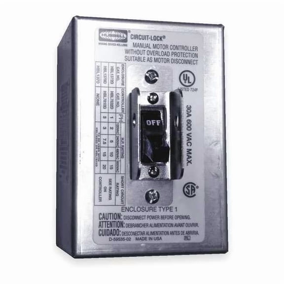 Hubbell Wiring Device-Kellems Manual Motor Switch,30A,600VAC,2P HBL1392