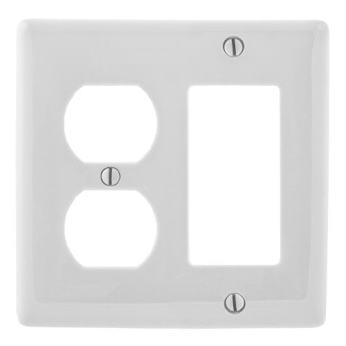 Hubbell NPJ826W Combination Duplex Outlet Receptacle & Decorator GFCI Rocker Switch Wall Plate, Unbreakable Nylon, Mid-Size, White