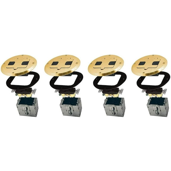 Hubbell-Raco 6239BP Single Gang Floor Kit with Recessed Duplex 15A TR Device and Adjustable Steel Box, Brass Finish Four Pack