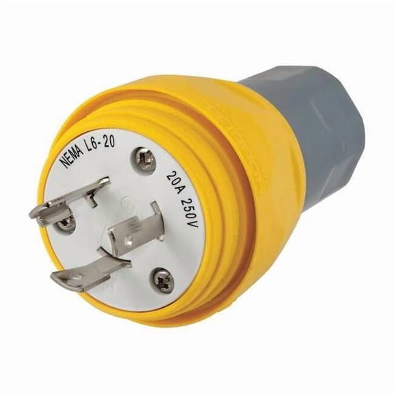 Watertight Locking Plug, L6-20P, 20 A, 250V AC, Single Phase, 2 Pole, Screw Terminals, Yellow