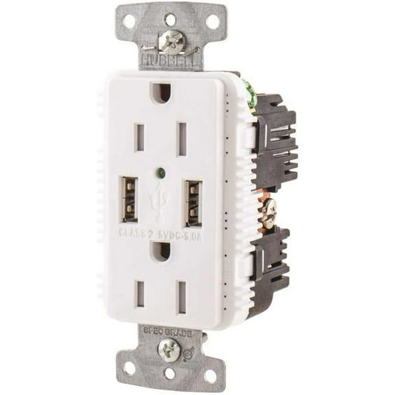 Hubbell USB15A5W White Outlet Dual 15 Amp 125v 2-Pole and Dual 5 Amp 5v USB Ports