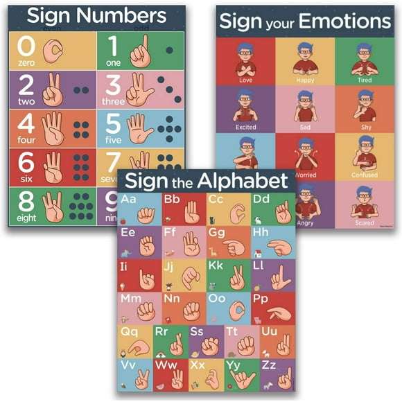 Hubble Bubble Kids ASL Alphabet, Numbers, Emotions Posters - 3 Pack, 16x20"". Dry Erase
