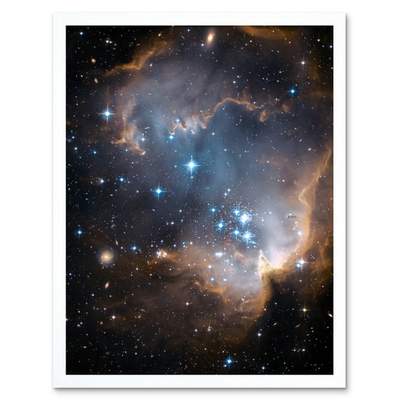 Hubble Space Telescope Image Observations Infant Stars Small Magellanic Cloud Galaxy Bright Blue Glowing Star Cluster NGC 602 Nebula Dust Pillars Art Print Framed Poster Wall Decor 12x16 inch