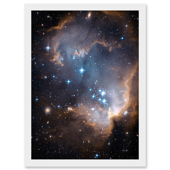 Hubble Space Telescope Image Observations Infant Stars Small Magellanic Cloud Galaxy Bright Blue Glowing Star Cluster NGC 602 Nebula Dust Pillars Artwork Framed Wall Art Print A4