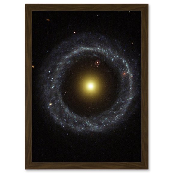 Hubble Space Telescope Image Ring Of Hot Blue Stars Pinwheels Around Yellow Nucleus Of Hoag's Object Galaxy Artwork Framed Wall Art Print A4