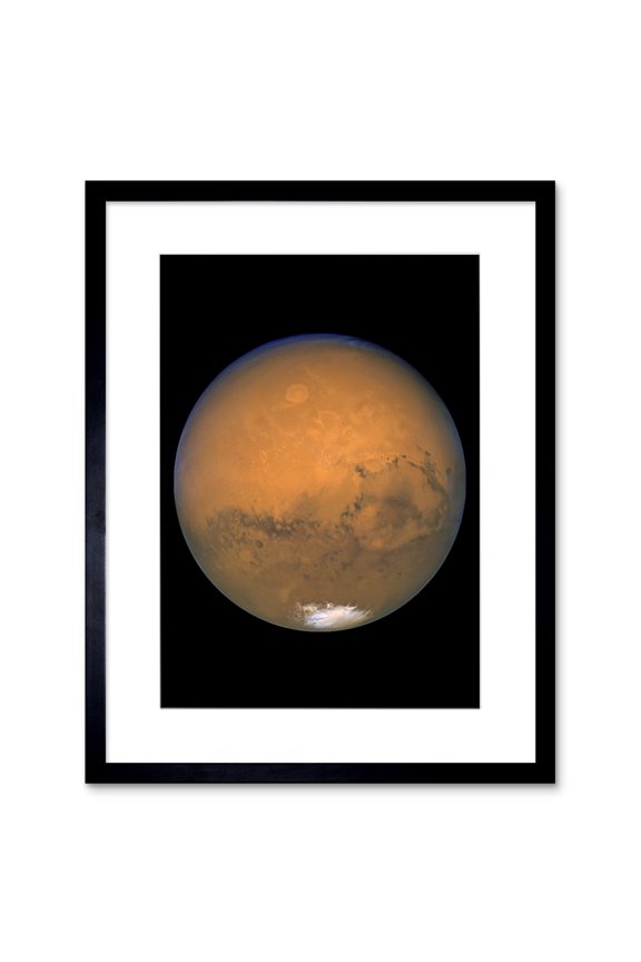 Hubble Space Telescope Image View Mars Red Planet Olympus Mons Volcano Valles Marineris Canyons Solis Lacus Dark Marking Southern Polar Ice Cap Artwork Framed Wall Art Print 9X7 Inch