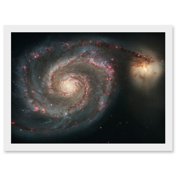 Hubble Space Telescope Image Whirlpool Galaxy M51 Companion Swirling Structures Dust Clouds Gas Spiral Staircases Pink Blue Star Birth Regions Artwork Framed Wall Art Print A4