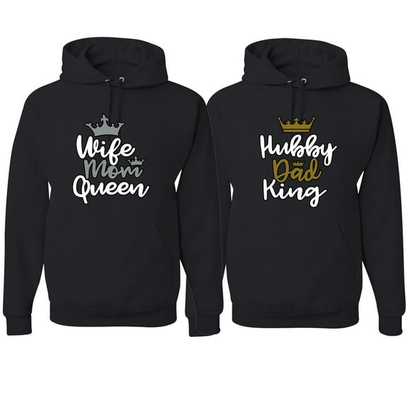 Hubby Dad King Wife Mom Queen Cute Gift His and Hers Matching Couples Hoodies Sweater Set, Black, Mens S-Womens S