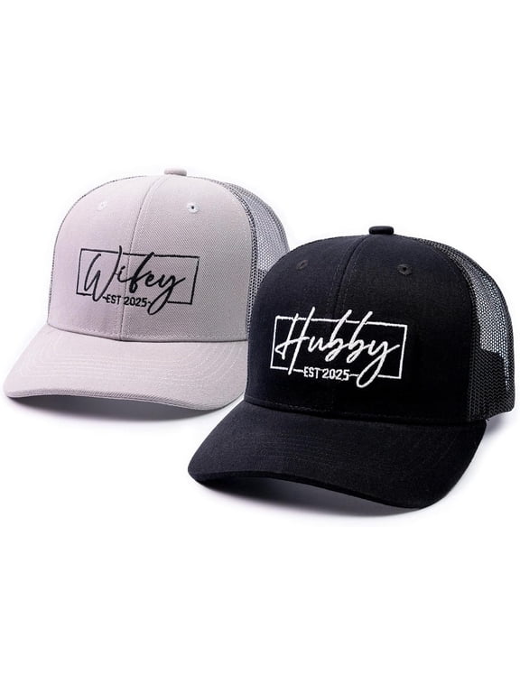 Hubby & Wifey EST 2025 Trucker Hat Set Matching Hats for Couples, Bridal Shower Gifts, Wedding Keepsakes, Newlywed for Him & Her