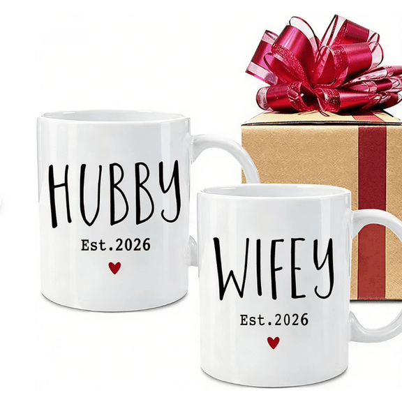 Hubby & Wifey Est 2026 Coffee Mug Set 11oz Ceramic Cup, Wedding Gift for Newlyweds Bride Groom, Couples Birthday Christmas Gift Set