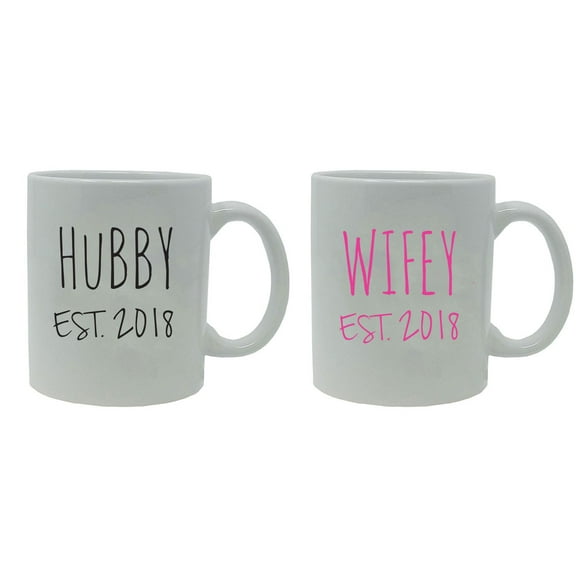 Hubby + Wifey Established EST. 2018 11-Ounce White Ceramic Coffee Mugs Set