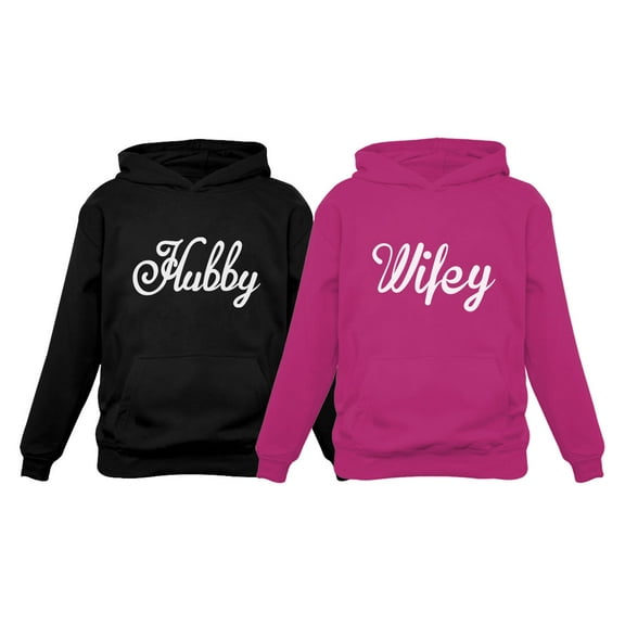 Hubby & Wifey Matching Couple Hoodie His & Hers Gift For Husband and Wife Hubbey Black X-Large / Wifey Pink X-Large
