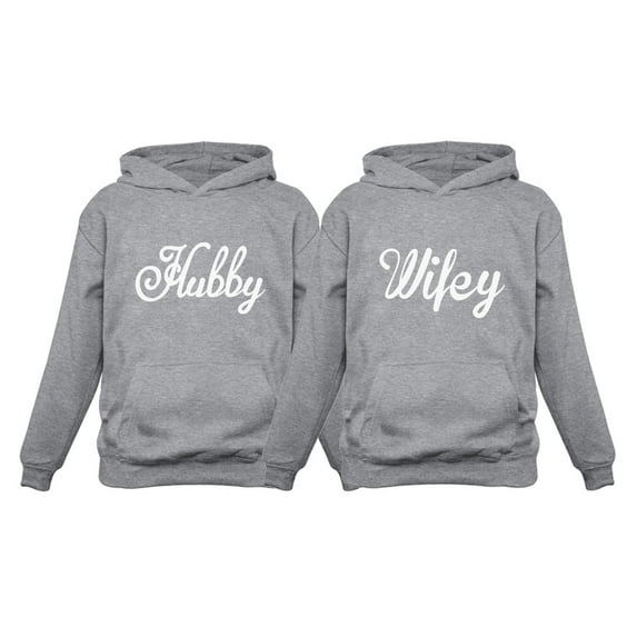Hubby & Wifey Matching Couple Hoodie His & Hers Gift For Husband and Wife Hubbey Gray Large / Wifey Gray Small