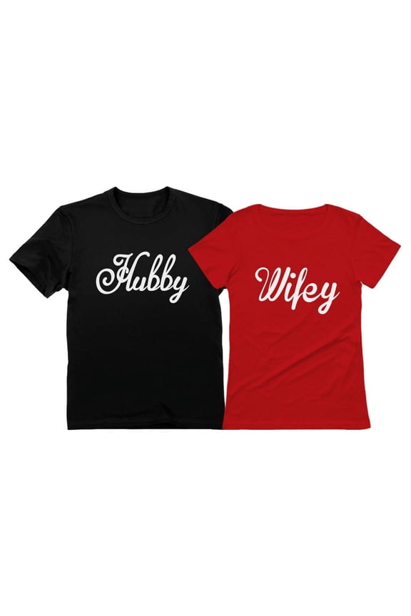 Hubby & Wifey Matching Couple T-Shirts: His & Hers - Perfect Gift for Husband, Wife or Newlywed Couples - Hubby Black X-Large/Wifey Red X-Large