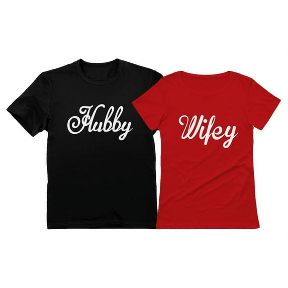Hubby & Wifey Matching Couple T-Shirts: His & Hers - Perfect Gift for Husband, Wife or Newlywed Couples - Hubby Black XX-Large/Wifey Red Large