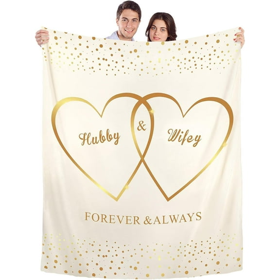 Hubby and Wifey Throw Blanket Valentine's Day Gifts for Couples Polyester Throw Blanket Wedding Gift for Newlywed Couples Wedding Engagement, 60" x 50"(Beige, Romantic)