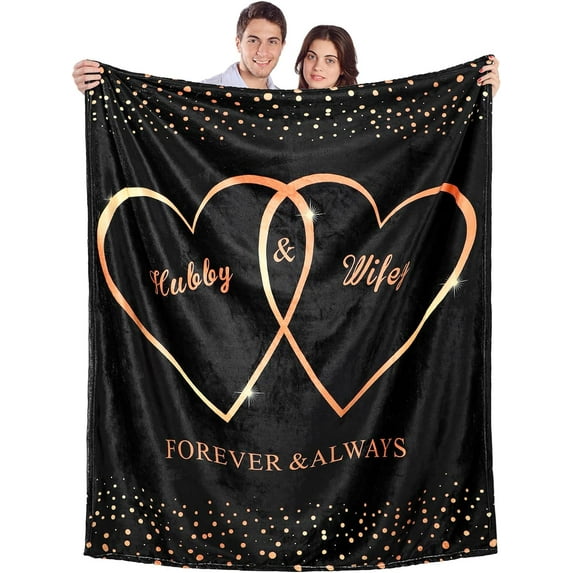 Hubby and Wifey Throw Blanket Valentine's Day Gifts for Couples Polyester Throw Blanket Wedding Gift for Newlywed Couples Wedding Engagement, 60" x 50"(Black, Romantic)