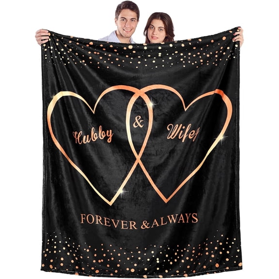 Hubby and Wifey Throw Blanket Valentine's Day Gifts for Couples Polyester Throw Blanket Wedding Gift for Newlywed Couples Wedding Engagement, 60" x 50"(Black, Romantic)
