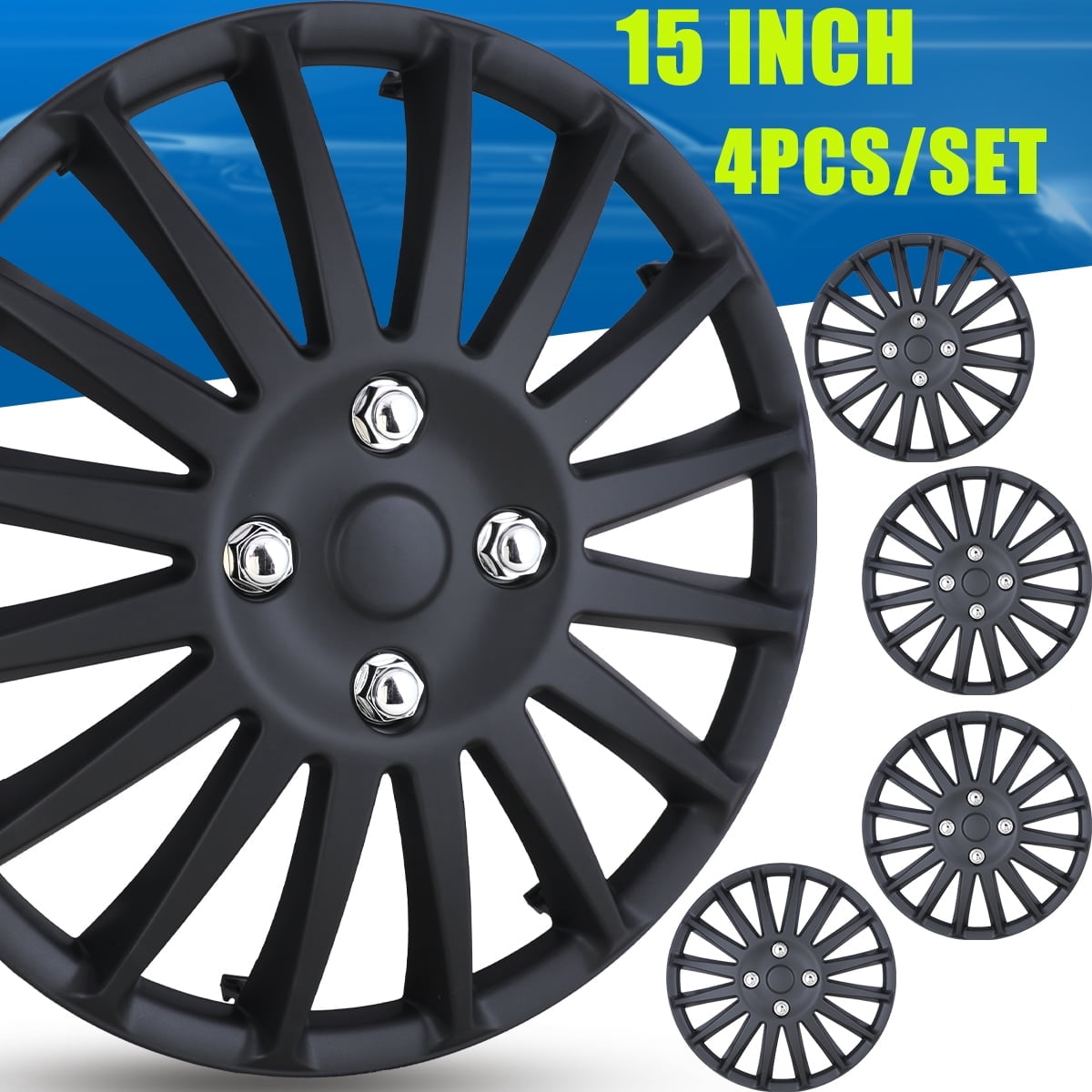 Hubcaps 15", Wheel Cover Universal R15 Hub Caps, Snap On Car Pickup Truck SUV (Not fit for toyota Prius All Models) , Black, Set of 4, ABS & PC Material, 15-Inch, BLACK MATTE