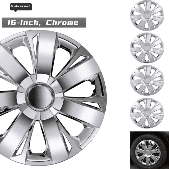 Hubcaps 16",Wheel Rim Cover Universal R16 Hub Caps,Snap on Car Pickup Truck SUV,Wheel Covers,4 Pack,Chrome