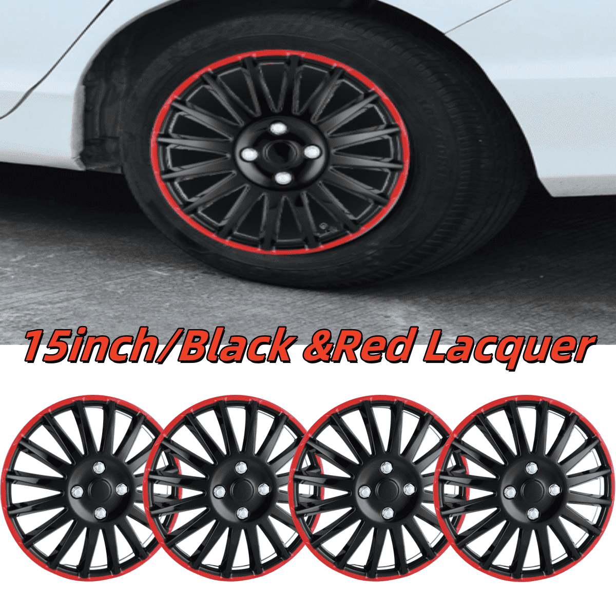 Hubcaps Wheel Covers 15 " Universal Set of 4 Snap On Car Truck SUV Wheel Rims Cover ABS & PC Material (Black & Red Lacquer)