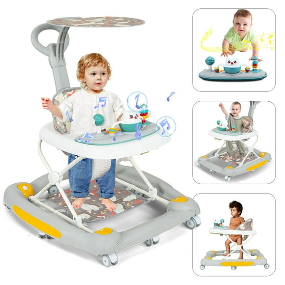 Huber 6-in-1 Baby Walker, Musical Activity Push Walker with Detachable Awning Footrest, Gray