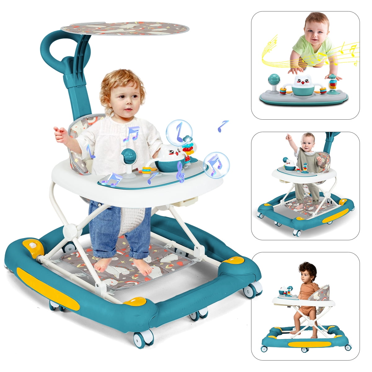 Huber 6-in-1 Baby Walker, Musical Activity Push Walker with Detachable Awning Footrest, Green