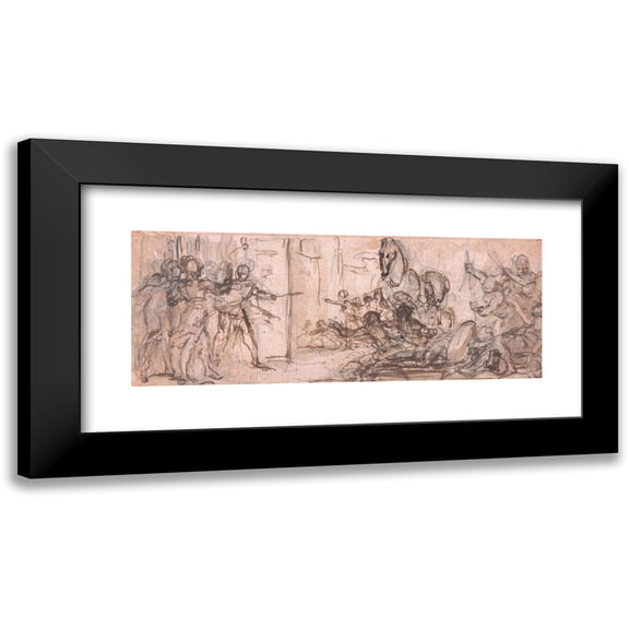 Hubert-François Gravelot 14x8 Black Modern Framed Museum Art Print Titled - Design for an Engraving; Battle of Troy with the Trojan Horse