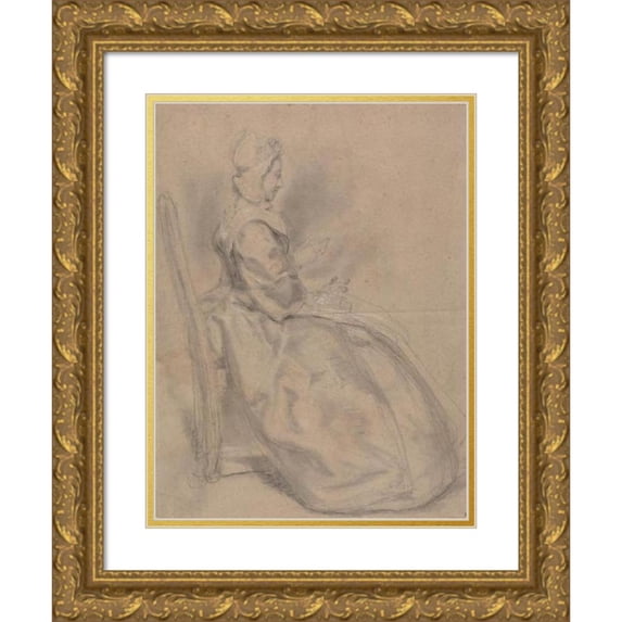 Hubert-François Gravelot 15x18 Gold Ornate Wood Frame and Double Matted Museum Art Print Titled - Study of a Seated Lady (ca. 1740)