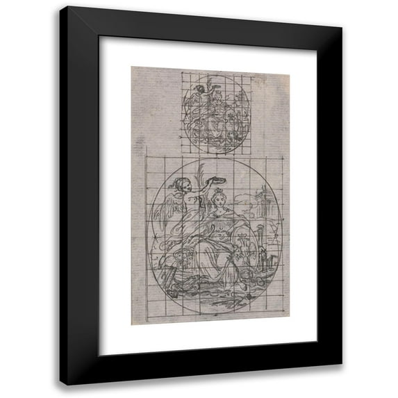 Hubert-François Gravelot 16x24 Black Modern Framed Museum Art Print Titled - Design for a Medal; Seated Women Being Crowned by a Winged Genius