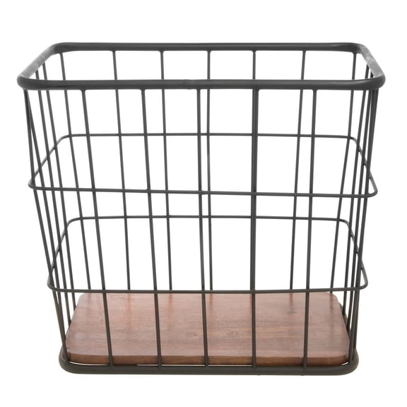 HUBERT Rectangular Black Iron and Brown Mango Wood Display Basket - 18"L x 12"W x 16"H