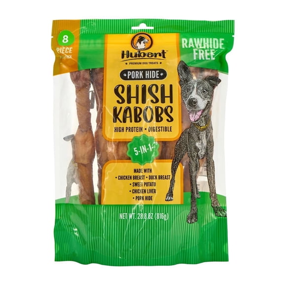 Hubert Pet All Natural Triple Flavored 10-inch Pork Hide Kabobs Treats for Dogs, Grain Free, Low Ingredient, USA Tested - 1.8 lbs Resealable Pack