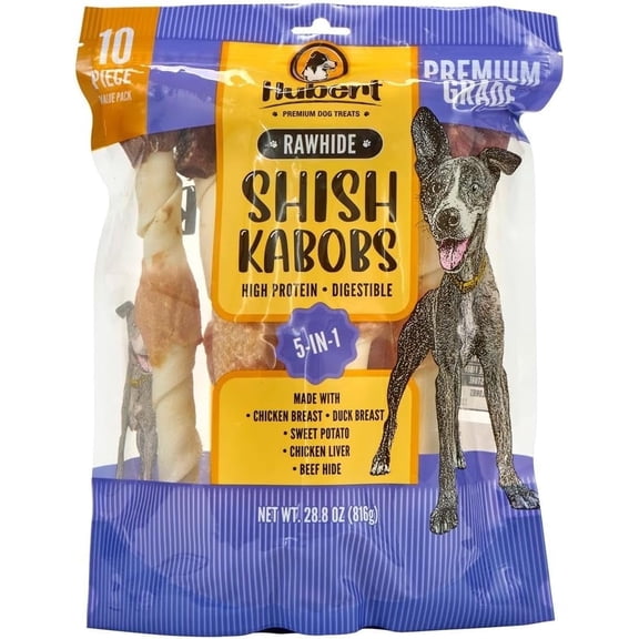 Hubert Pet Gourmet Triple Flavored 10-inch Large Rawhide Kabobs Dog Treats, Grain Free, Low Ingredient, USA Tested - 1.8 lb Super Value Pack