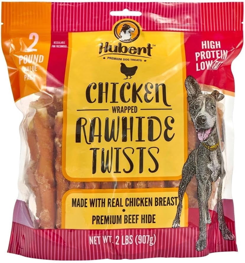 Hubert Pet Premium Chicken Wrapped Rawhide Twists Natural Dog Treats, Grain Free, Low Ingredient, USA Tested - 2 lbs Resealable Value Pack